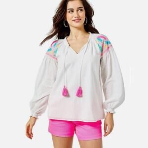 Lilly Pulitzer Florentina White Embroidered Peasant Top Size Medium